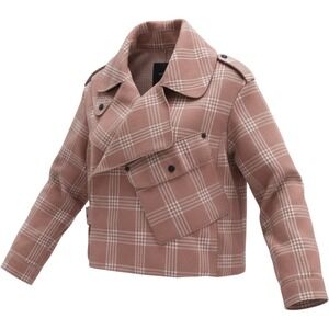 Mohito EU 36 US Sm Womens Pink Plaid Belted Moto‎ Jacket Oversized Lapel